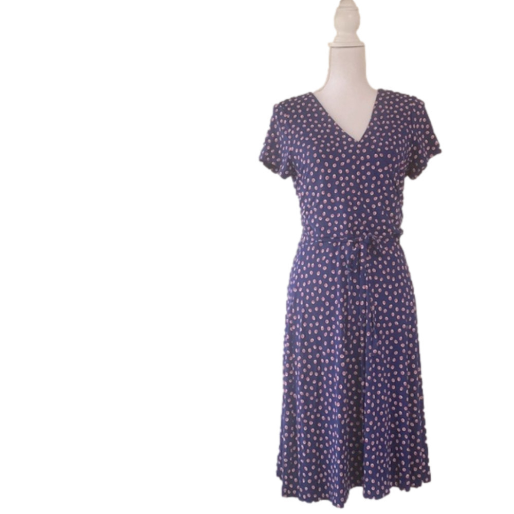 LANDS’ End Midi Dress Size 6-8 A-line Navy Blue Pink White Color Polka Dot Print
